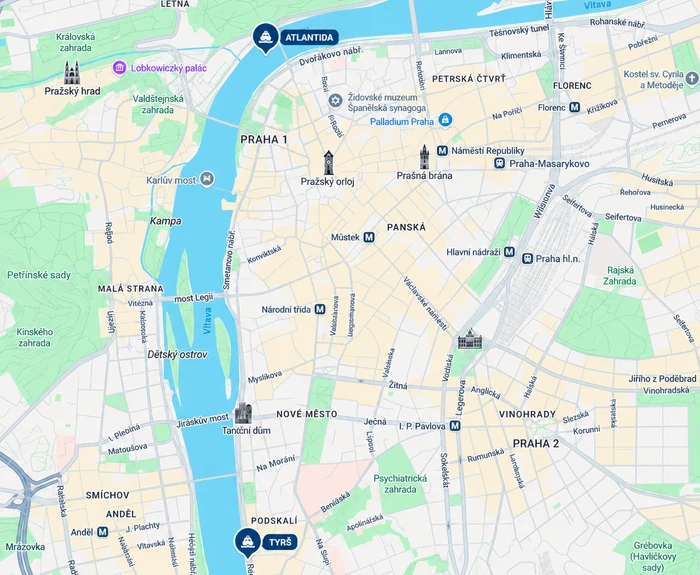 Mapa Prahy s kotvišti lodi Atlantida u Dvořákova nábřeží a parníku Tyrš u Rašínova nábřeží